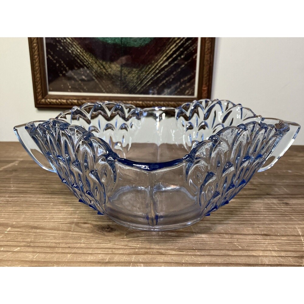 1930s ART DECO STOLZLE CZECH SAPPHIRE BLUE FEATHER SERVING CONSOLE GLASS BOWL